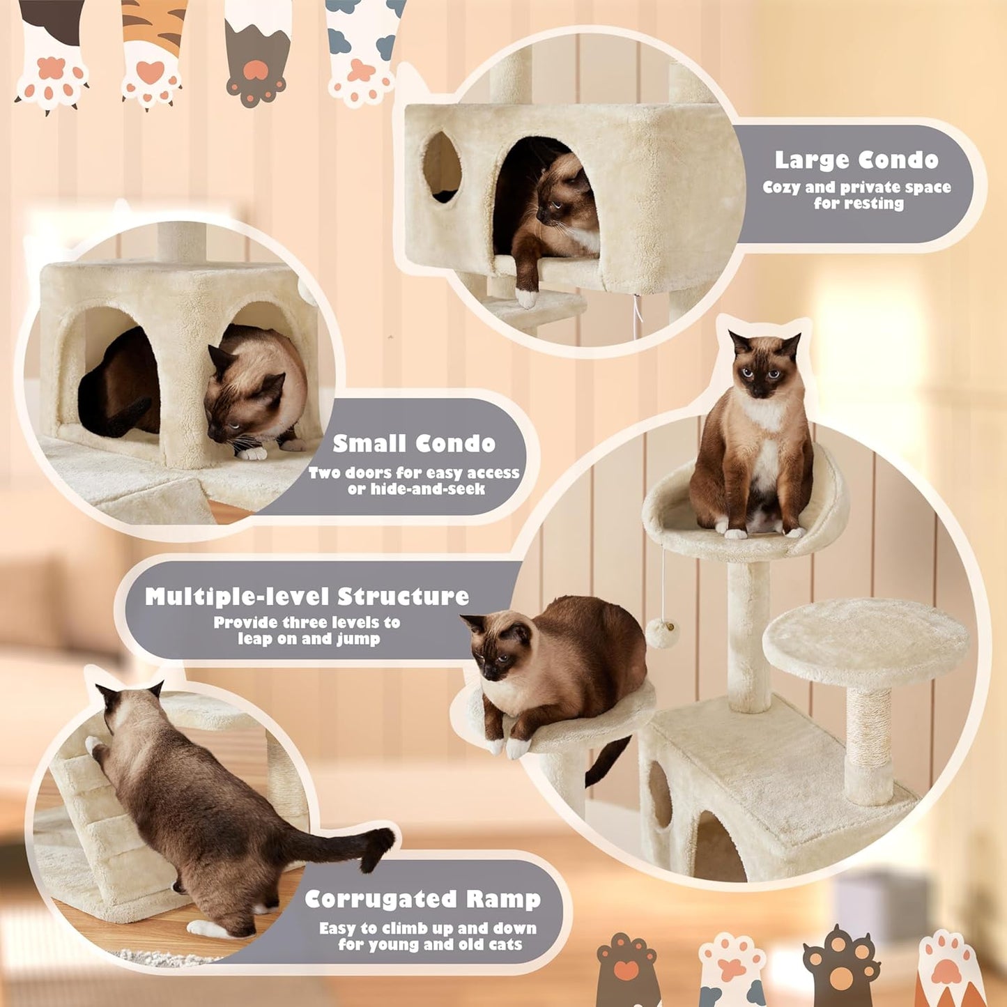 Large Multi Level Cat Tree with Scratching Posts & Condos