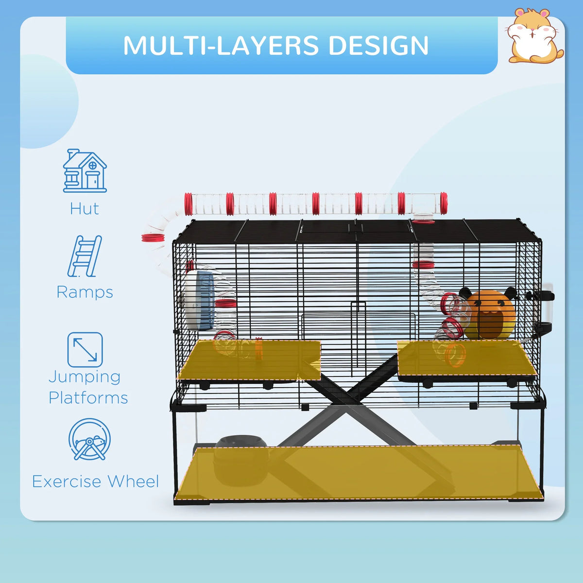 Large Multi Level Hamster Cage with Tubes & Platforms Black