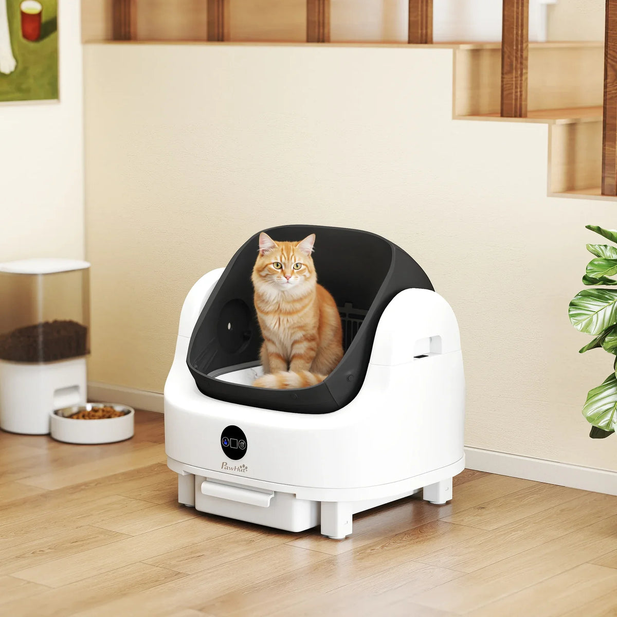 PawHut Self Cleaning Cat Litter Box with Safety Sensors  White & Black