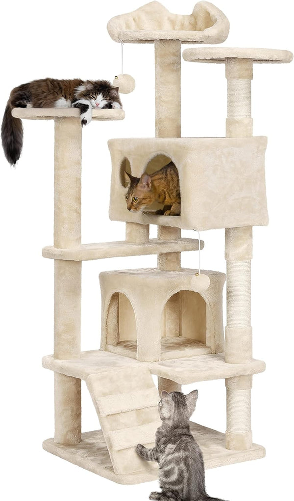 Large beige multi-level cat tree with scratching posts, condos and platforms