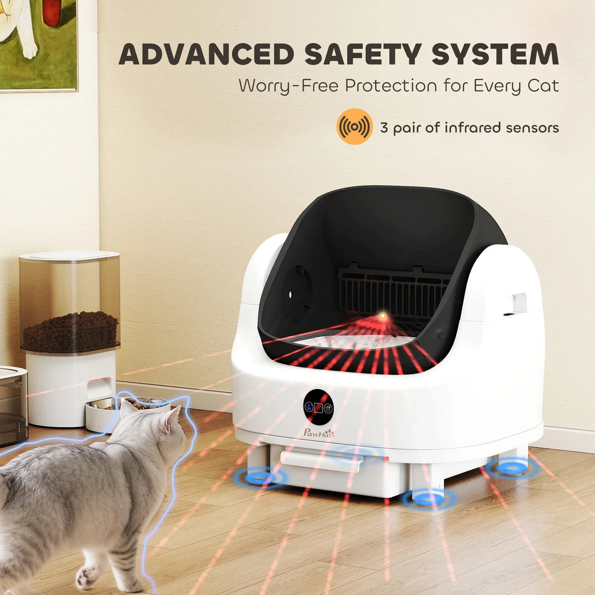 PawHut Self Cleaning Cat Litter Box with Safety Sensors  White & Black