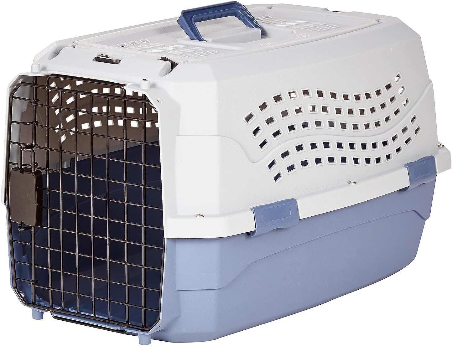 Blue and white hard-sided pet carrier with ventilation and metal front door