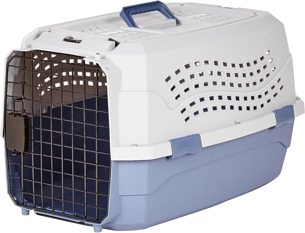 Blue and white hard-sided pet carrier with ventilation and metal front door
