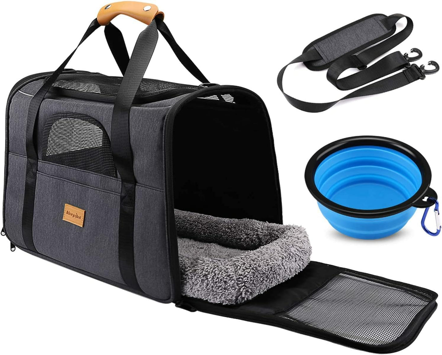 Soft-sided pet carrier for cats and small dogs with shoulder strap and collapsible travel bowl