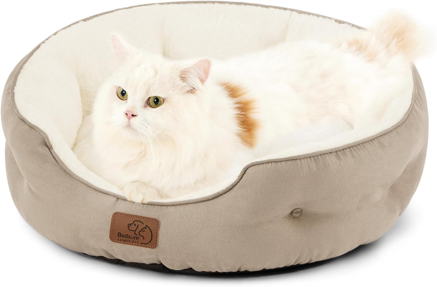 Beige plush pet bed for cats and small dogs with soft cushioned interior