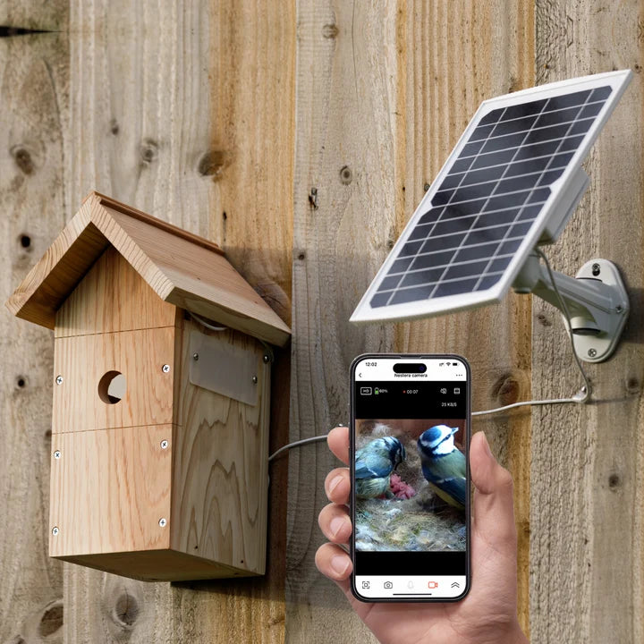 Solar-powered WiFi bird box camera with smartphone viewing and outdoor solar panel